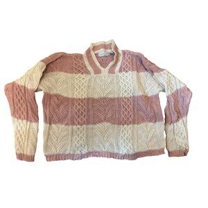 Vintage Casual Corner Striped Cable Knit Sweater S Pink & White Ramie/Cotton 80s